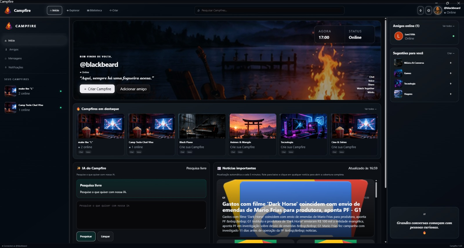Interface atual do Campfire R6.6.6.15 na tela Home